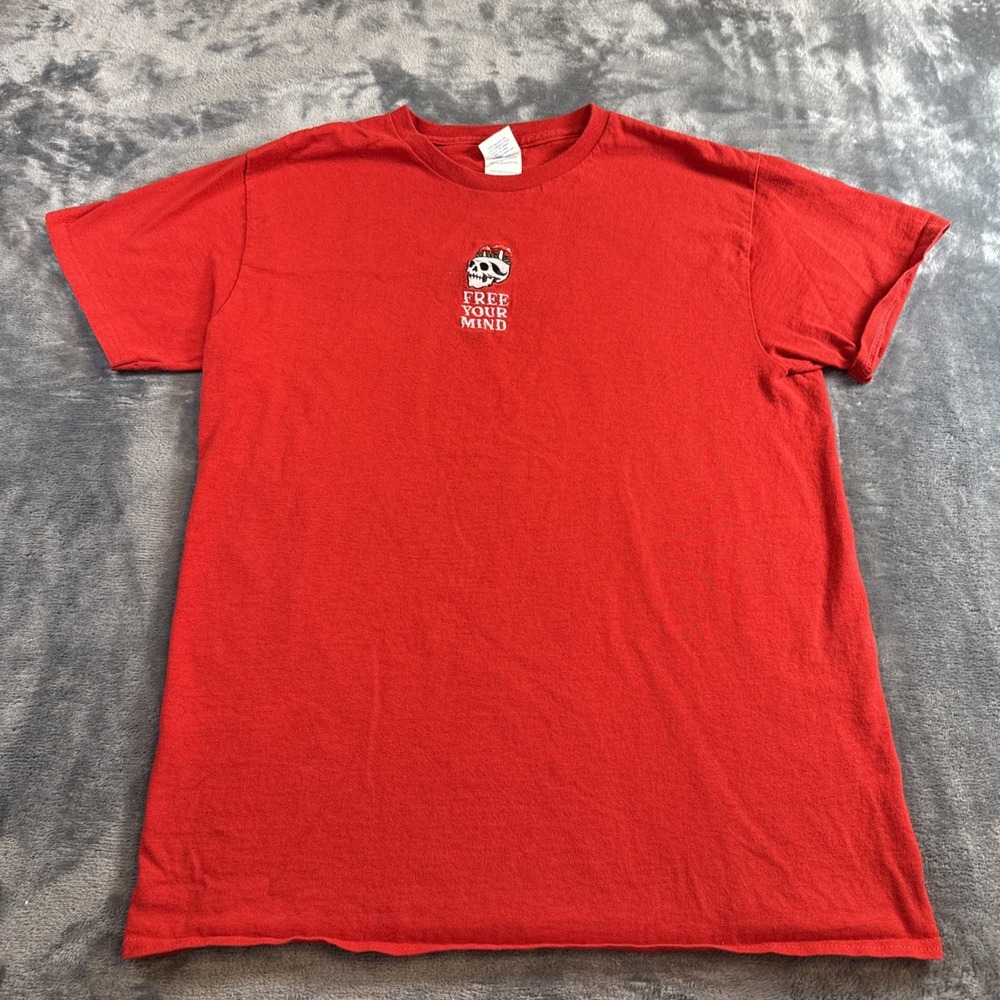 Vtg Free Your Mind T-Shirt Mens Medium Red Skull Mushroom Hippie Delta Tee
